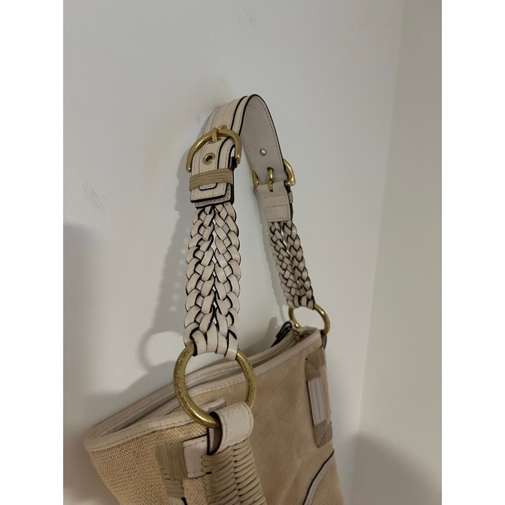 Coach VTG Tan Natural Braided Leather Soho Canvas Beige GUC Buckles Gold Purse - Picture 7 of 15